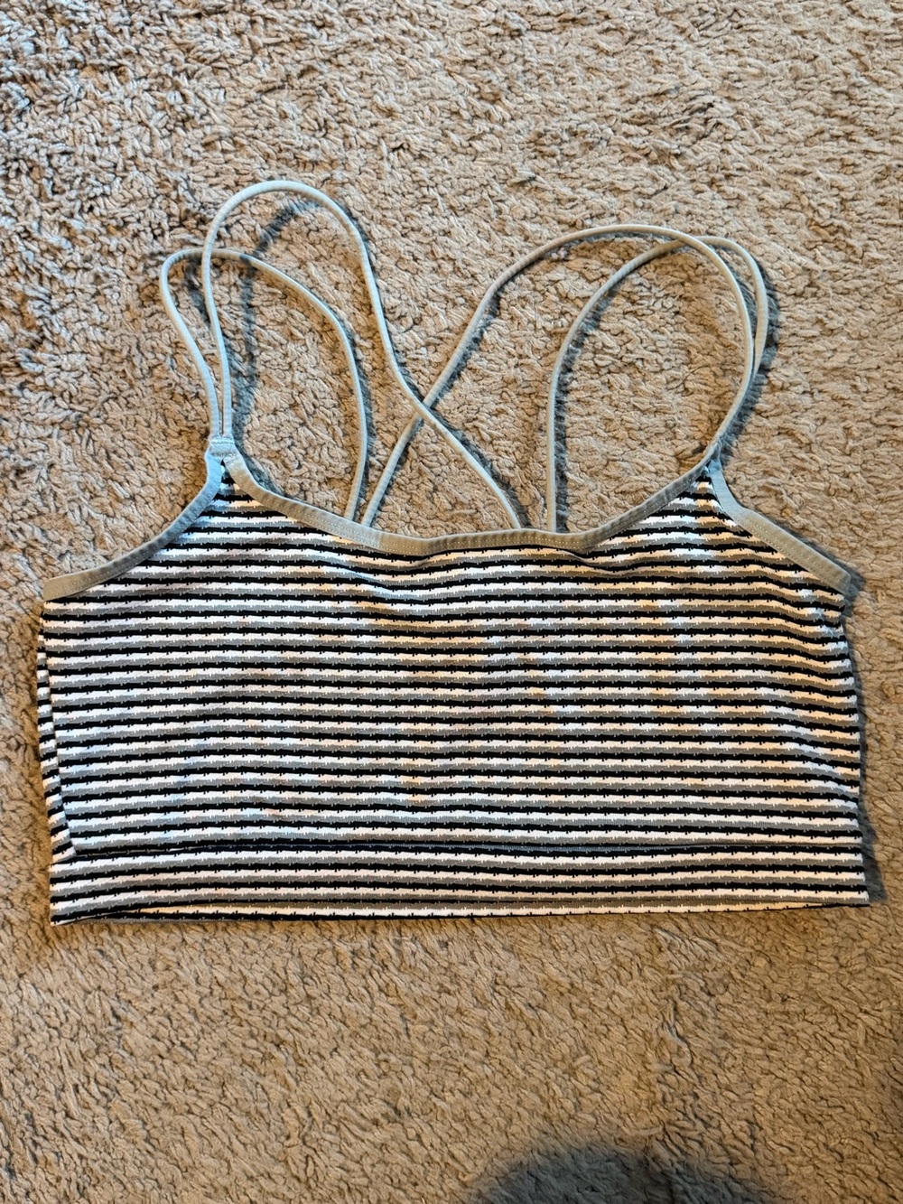 Black & White Striped, Ribbed Cropped Racerback Bralette Sports Bra
